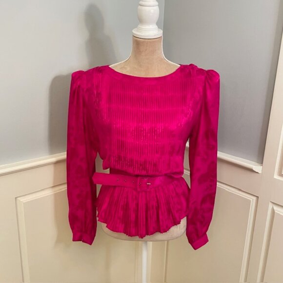 Vintage Argenti 100% Silk Satin Pleated Peplum Blouse Puff Sleeve Pink 12 - Picture 2 of 10